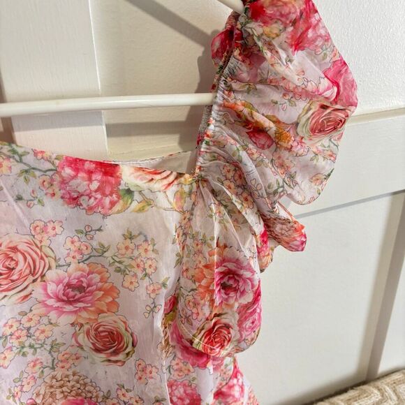 PrettyLittleThing One Shoulder Draped Chiffon Bodycon Dress Pink Floral Sz 6NWT - Picture 5 of 12